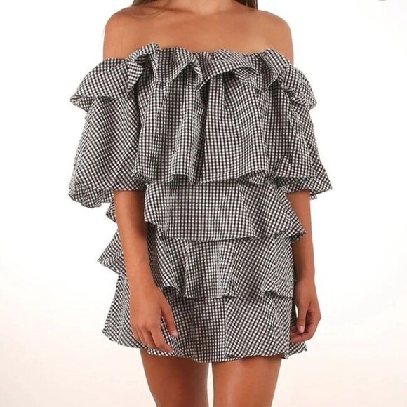 MLM Label Gingham Tiered Ruffle Off Shoulder Black and White Mini Dress - Picture 1 of 14